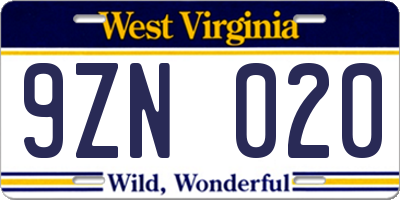 WV license plate 9ZN020