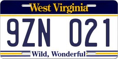 WV license plate 9ZN021