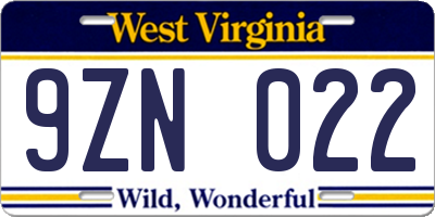 WV license plate 9ZN022