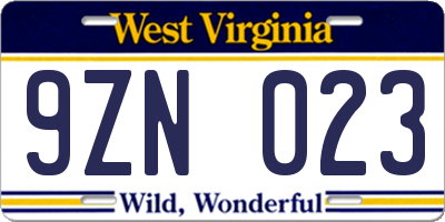 WV license plate 9ZN023