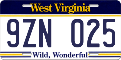 WV license plate 9ZN025