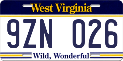 WV license plate 9ZN026