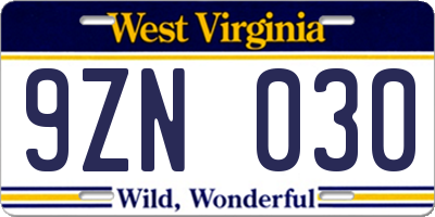 WV license plate 9ZN030