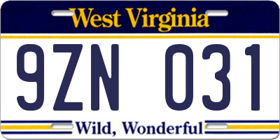 WV license plate 9ZN031