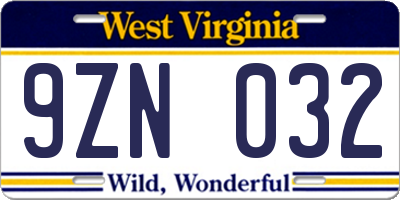 WV license plate 9ZN032