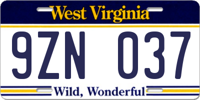 WV license plate 9ZN037