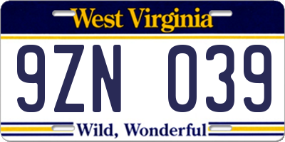 WV license plate 9ZN039
