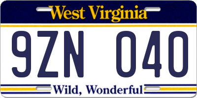 WV license plate 9ZN040