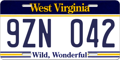 WV license plate 9ZN042