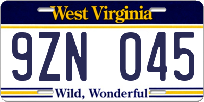 WV license plate 9ZN045