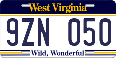 WV license plate 9ZN050
