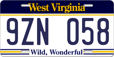 WV license plate 9ZN058