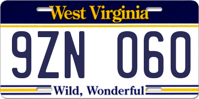 WV license plate 9ZN060
