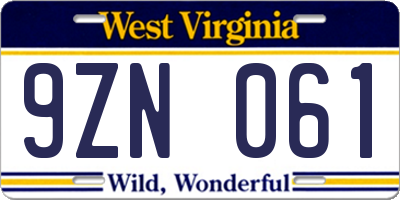 WV license plate 9ZN061