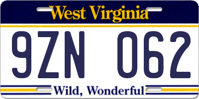 WV license plate 9ZN062