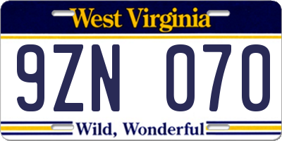 WV license plate 9ZN070