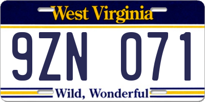 WV license plate 9ZN071