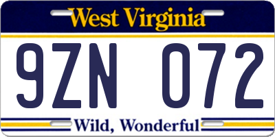 WV license plate 9ZN072