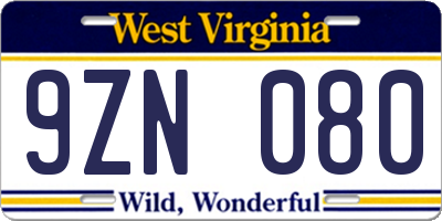 WV license plate 9ZN080