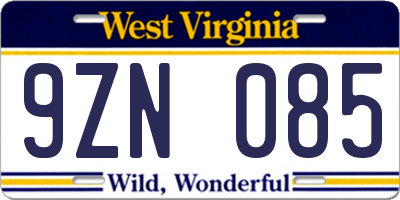 WV license plate 9ZN085