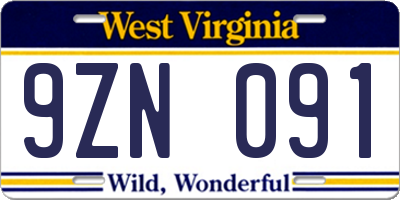 WV license plate 9ZN091