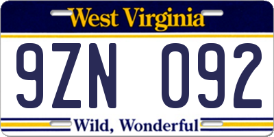 WV license plate 9ZN092