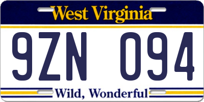 WV license plate 9ZN094