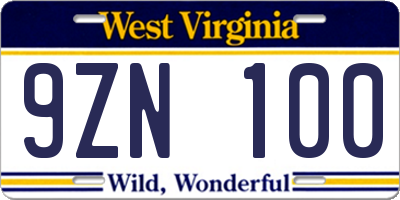 WV license plate 9ZN100