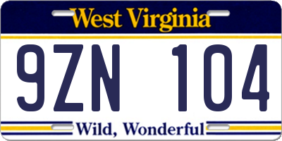 WV license plate 9ZN104