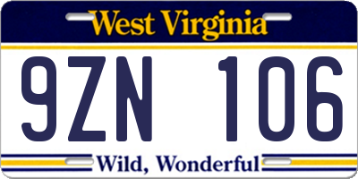 WV license plate 9ZN106