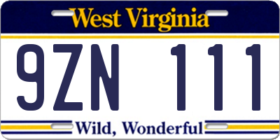 WV license plate 9ZN111
