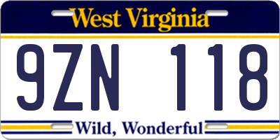 WV license plate 9ZN118