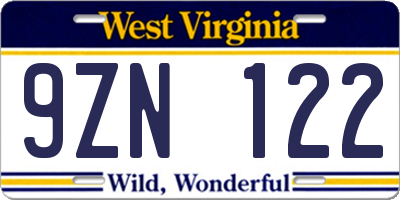 WV license plate 9ZN122
