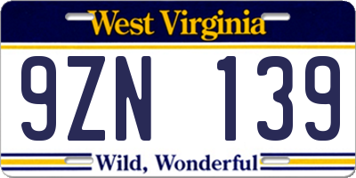 WV license plate 9ZN139