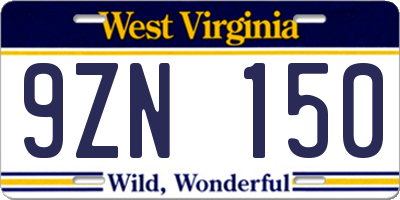WV license plate 9ZN150