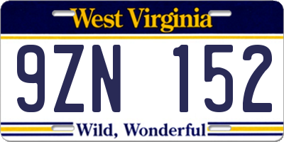WV license plate 9ZN152
