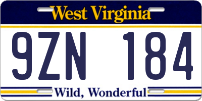 WV license plate 9ZN184