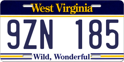 WV license plate 9ZN185