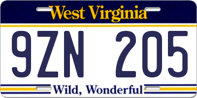 WV license plate 9ZN205