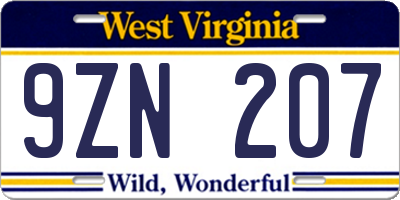 WV license plate 9ZN207