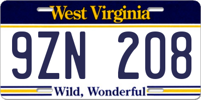WV license plate 9ZN208