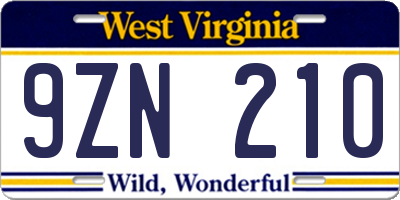 WV license plate 9ZN210