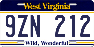 WV license plate 9ZN212