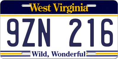 WV license plate 9ZN216