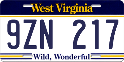 WV license plate 9ZN217