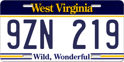 WV license plate 9ZN219
