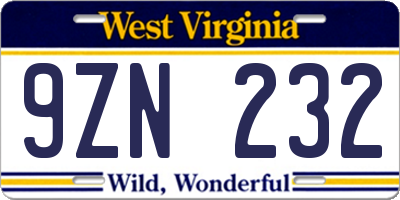WV license plate 9ZN232