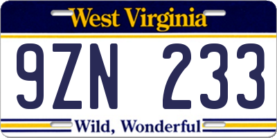 WV license plate 9ZN233