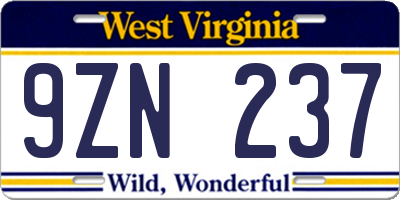 WV license plate 9ZN237