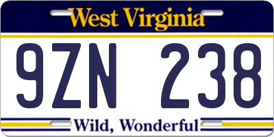 WV license plate 9ZN238